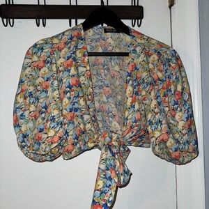 Nasty Gal Multicolor Floral Tie-Front Blouse